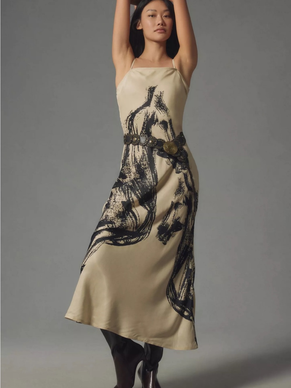 Cream Satin Slip Midi Dress with Black Brushstroke Print